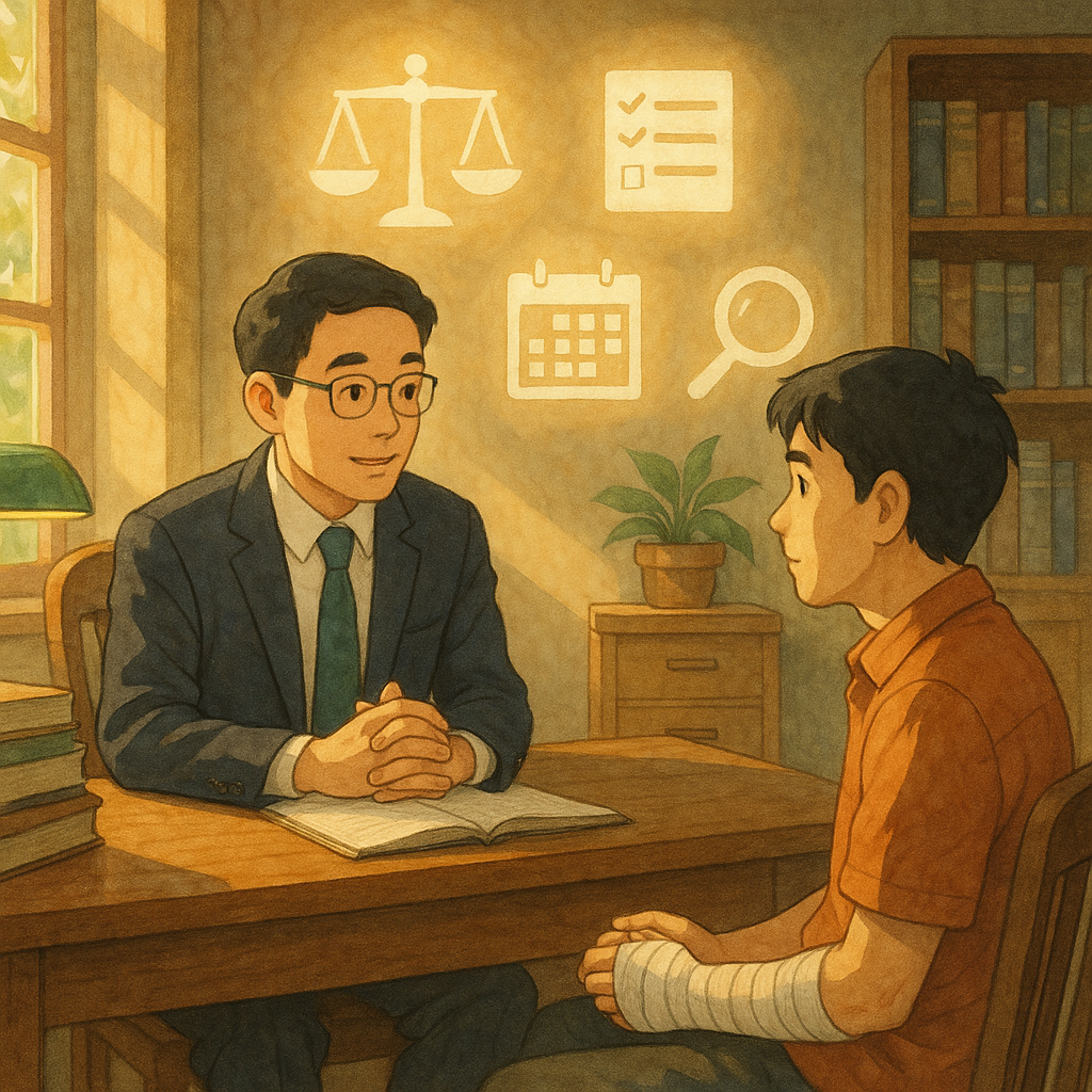 吉卜力式溫暖魔幻風，高解析手繪質感。陽光灑入木質事務所，台灣人律師與手纏繃帶的民眾對談；天光間浮現天秤、清單、日曆與放大鏡等無字圖示，象徵結論與行動建議。