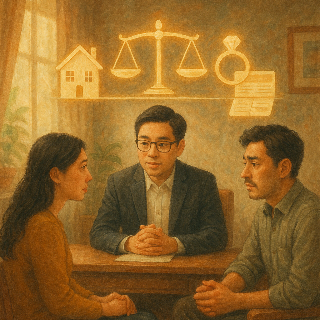 溫暖手繪風格的諮詢室裡，呈現魔幻與電影感、柔和色調；一位台灣律師溫和傾聽台灣夫妻，三人表情細膩，自然光灑落，漂浮發光天秤、房屋、戒指與存摺圖像化作細絲分割資產，象徵夫妻財產分割與FAQ諮詢，無文字。