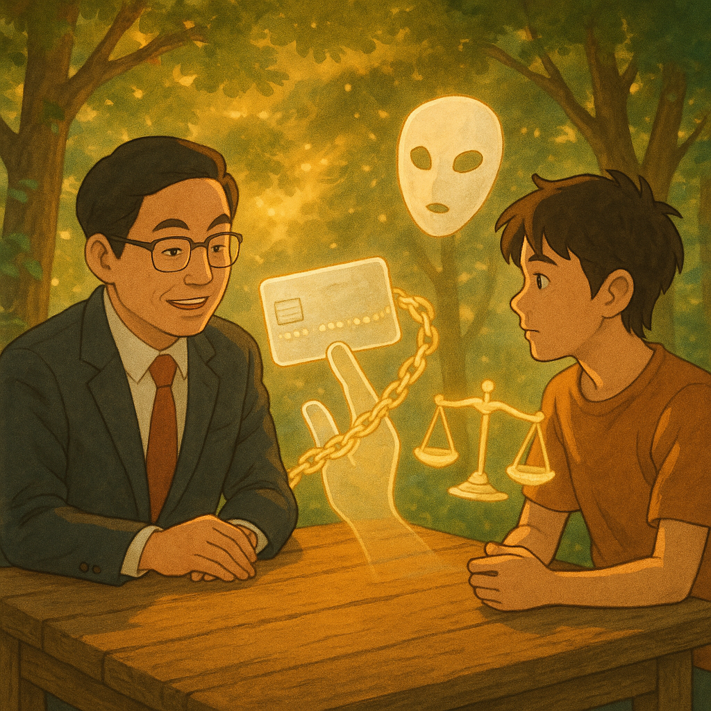 溫暖夕光下，台灣人律師與年輕民眾在木桌相談，桌上漂浮手繪銀行卡、面具與天秤等象徵；半透明影子手伸向卡片，被金色鎖鏈與光影守護，森林微風拂動，吉卜力風格柔和細膩、童話般魔幻。