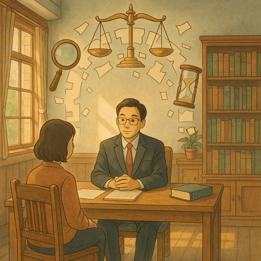 暖陽灑入木質事務所，台灣律師與當事人對坐諮詢；空中漂浮天秤、放大鏡、沙漏與檔案碎片重組成法院拱門，象徵再審與常見疑問被理清，吉卜力風柔色調，手繪質感，高解析度，畫面無文字。