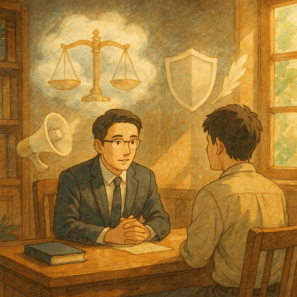 溫暖高解析日系手繪動畫風。台灣律師與當事人在陽光灑落的木質事務所諮商,表情專注溫和。雲霧化的天平、無聲的破擴音器、護盾與羽毛環繞,象徵妨害名譽與保護。自然光與手繪紋理營造奇幻電影感,畫面不含文字。