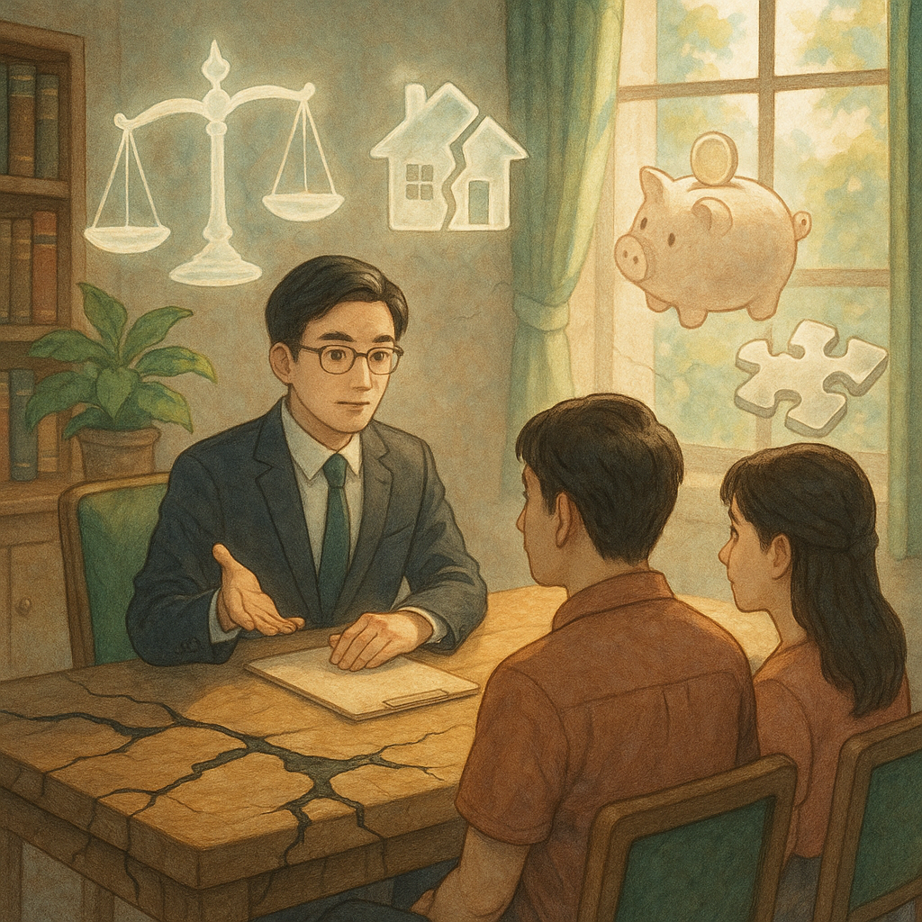 吉卜力風高解析插畫：自然光灑入諮詢室，專業台灣律師與台灣夫妻於木桌前對談；半透明天平、分裂小屋與存錢罐、拼圖資產在空中漂浮，桌面細裂化作暗潮象徵爭議與風險惡化，手繪質感柔和，無文字。