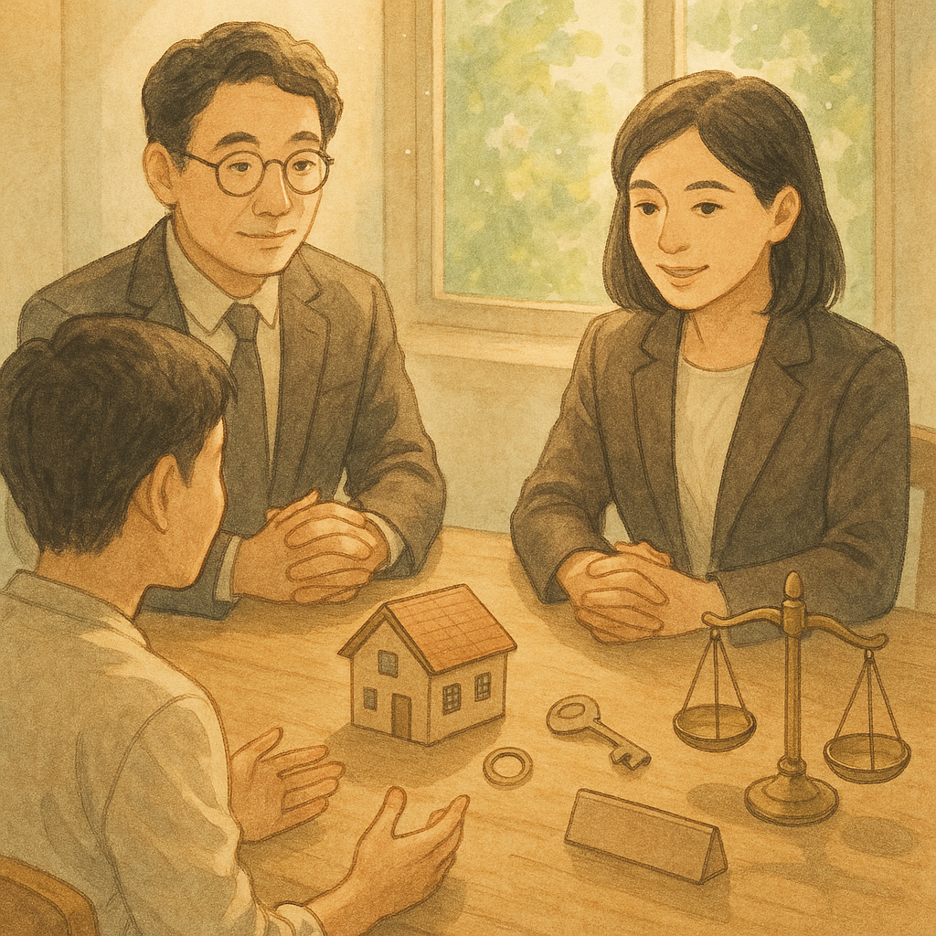 溫潤自然光下，兩位台灣人律師與當事人在木桌旁洽談，手繪質感溫柔。桌上漂浮的房屋模型、鑰匙、天秤與交疊影子般的姓名牌（無文字）環繞，象徵借名登記與爭議管理；窗外綠意與微塵光點增添奇幻敘事感。