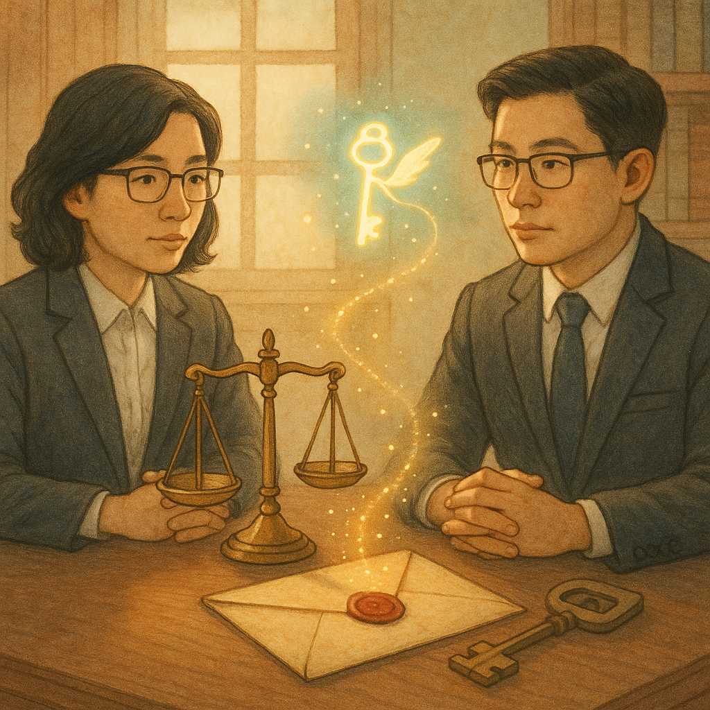 和煦自然光下，兩位台灣律師於木質事務所對坐，神情專業。桌上天秤與封蠟信封，逸出祕密光微粒，被鑰匙形精靈引向鎖。柔和色調、手繪質感，營造溫暖奇幻的法律諮詢與結論建議氛圍。