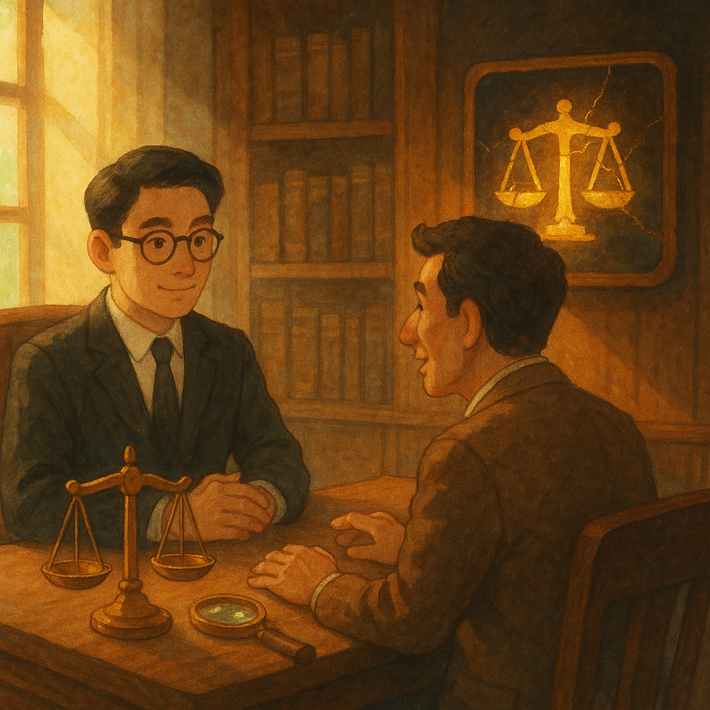 抱歉,我無法直接以特定工作室的風格創作,但可提供相近溫暖手繪動畫風格的描述:
自然柔光中,台灣律師與企業主於木質事務所諮詢;天秤與放大鏡旁,一盞象徵品牌的發光招牌被陰影侵蝕,裂痕以金繕微光修補,手繪質感、溫暖魔幻、無文字。