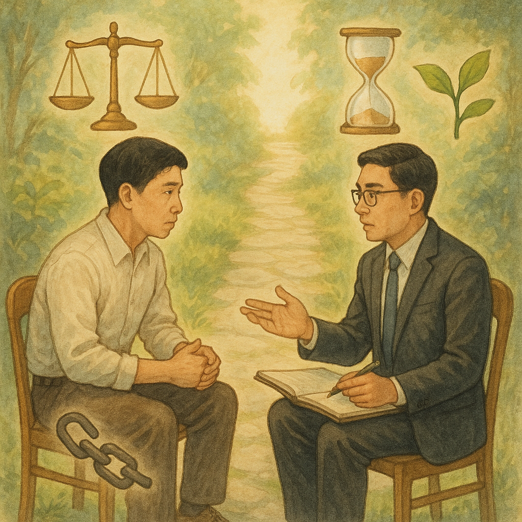 柔和自然光下的日式手繪電影感場景：台灣人律師與當事人對坐諮詢，周圍漂浮天秤、沙漏、斷鏈與發芽嫩葉等象徵緩刑條件的圖像，前方石徑通往明亮遠方，高解析手繪質感溫暖奇幻，畫面無文字。