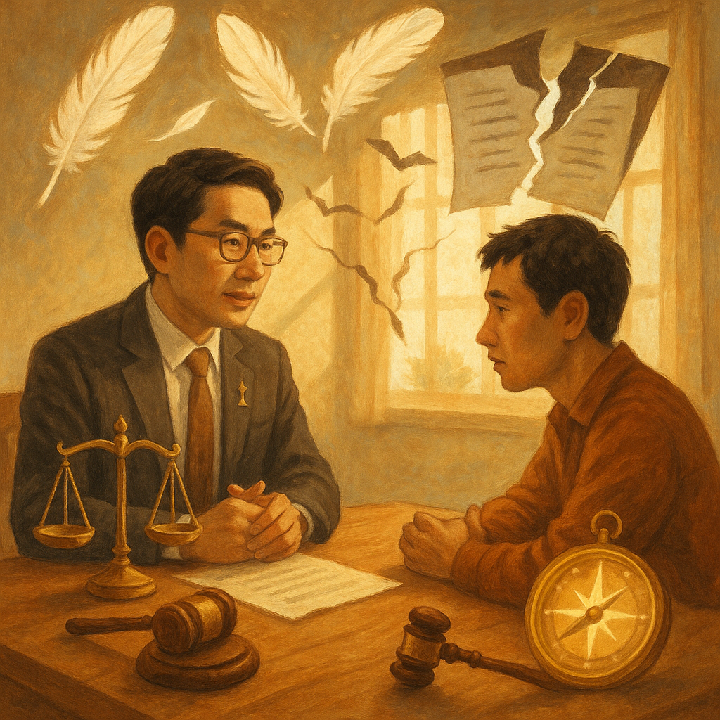 溫暖自然光下，台灣律師與民眾在木質諮詢室對坐；天花飛舞的羽毛筆化作真實之光，伴隨破碎誓言帶與分裂影子；天平、法槌與發光羅盤環繞，指引結論與行動建議，柔和色彩與手繪質感，無文字。