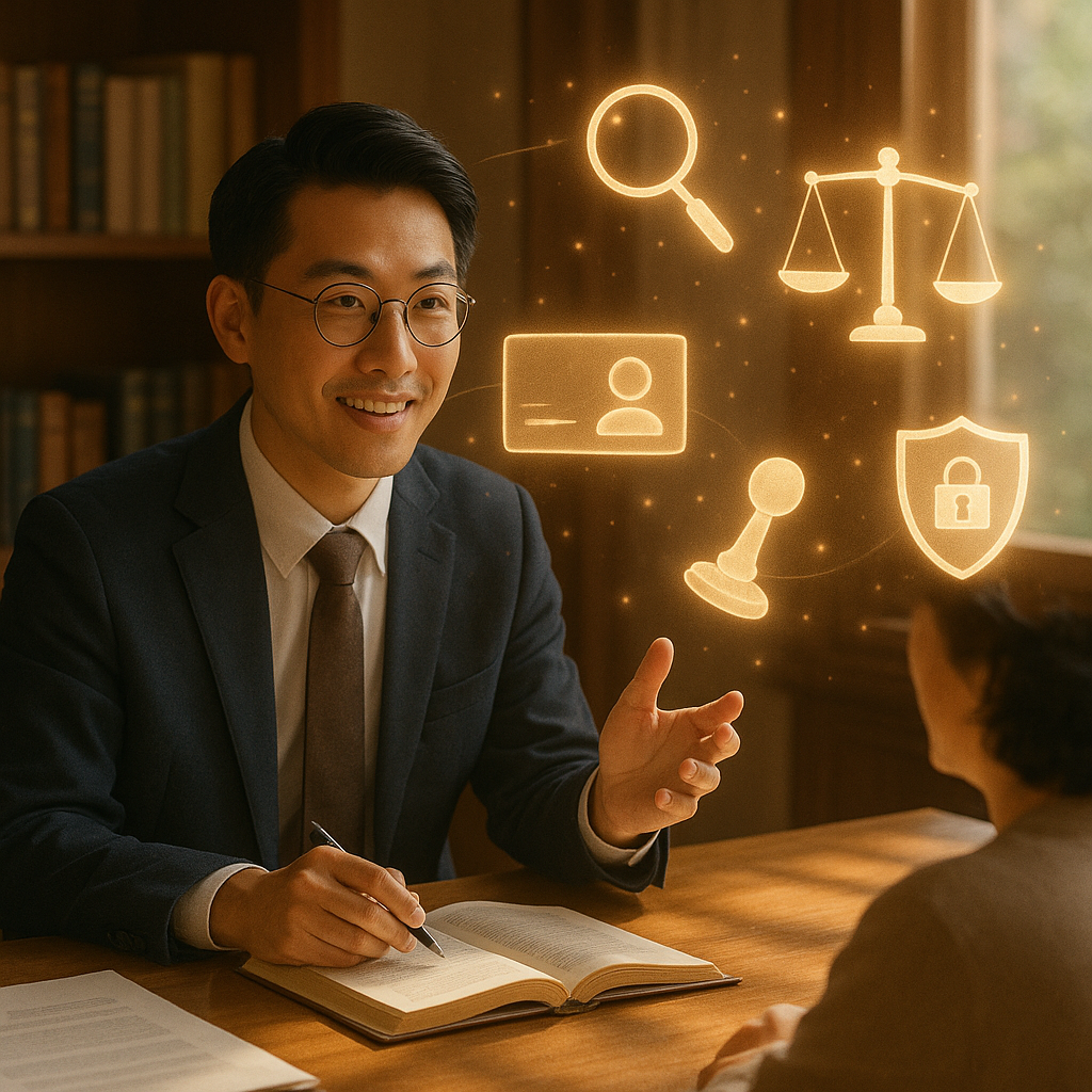 柔和自然光下的木質事務所,台灣律師溫暖為民眾諮詢;桌上漂浮手繪符號:銀行卡上朦朧人頭輪廓與細線牽引、放大鏡、印章、天秤與鎖形盾牌,光粒環繞,氛圍奇幻溫馨,畫面無文字。