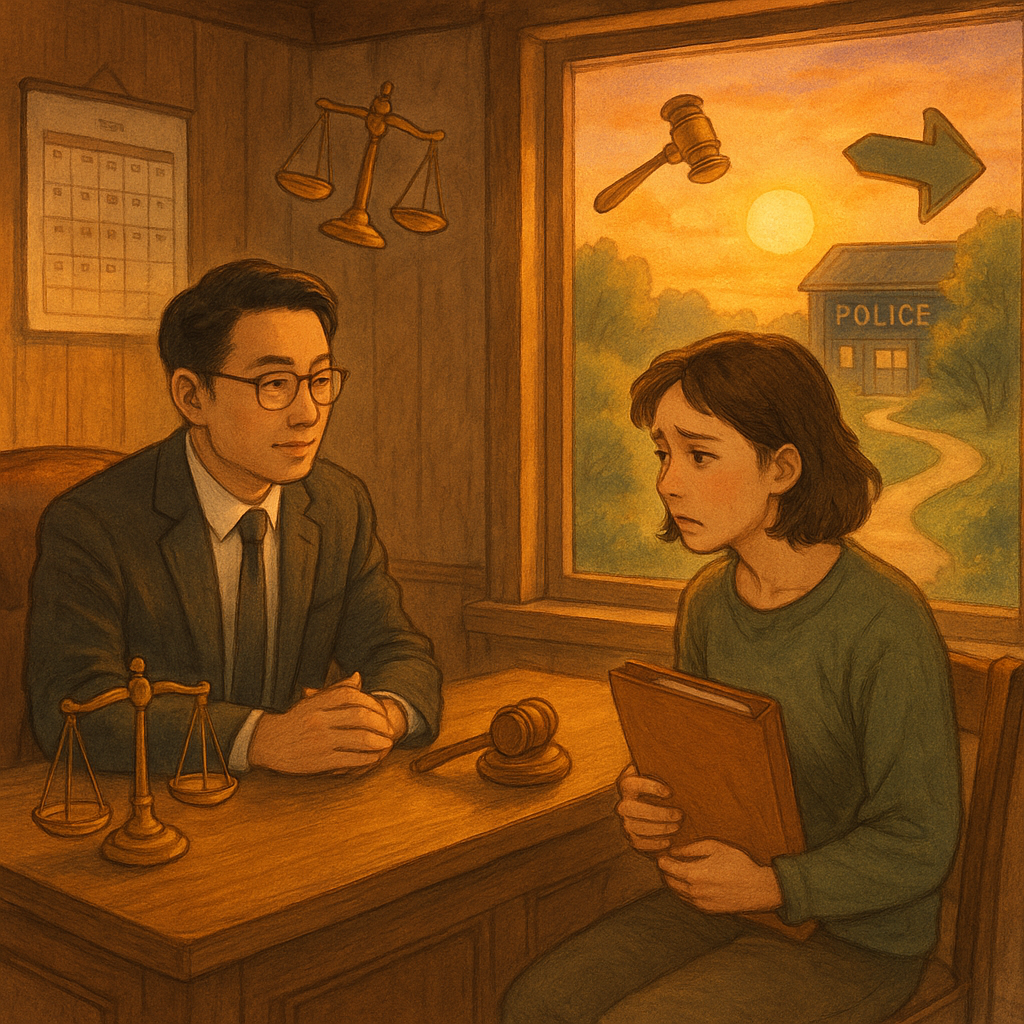 暖色夕光下,台灣人律師與當事人於木質事務所相談,當事人手持資料夾略顯糾結;窗外通往警局的發光小徑蜿蜒,天平、法槌、日曆與路標等象徵在空中輕飄,手繪吉卜力風,細膩魔幻,無任何文字,指涉自首與常見問題。