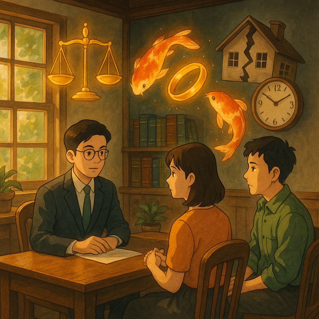 溫柔自然光下,吉卜力風格的木質事務所內,台灣人律師與台灣人夫妻圍坐諮詢;漂浮天秤、發光戒指化作兩尾錦鯉、裂屋與時鐘意象環繞,手繪且具電影感,溫暖魔幻,象徵民法1052離婚事由之案例研究,畫面無文字。