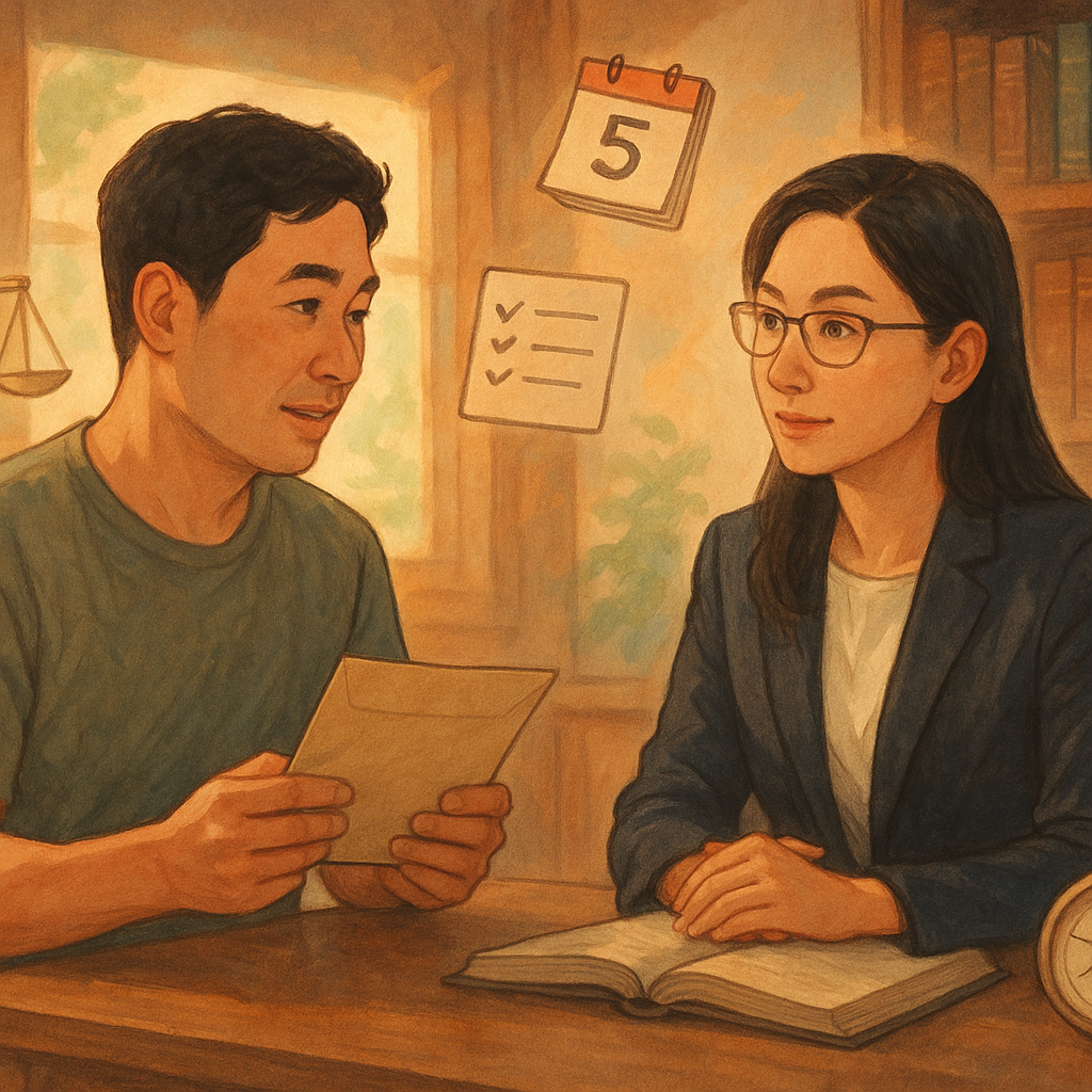 溫暖自然光下，一位台灣人捧著無字傳票信封，與專業律師交流；周圍漂浮天平、日曆、清單與指南針等符號，木質書房手繪質感、柔色奇幻、細膩電影感、無文字。