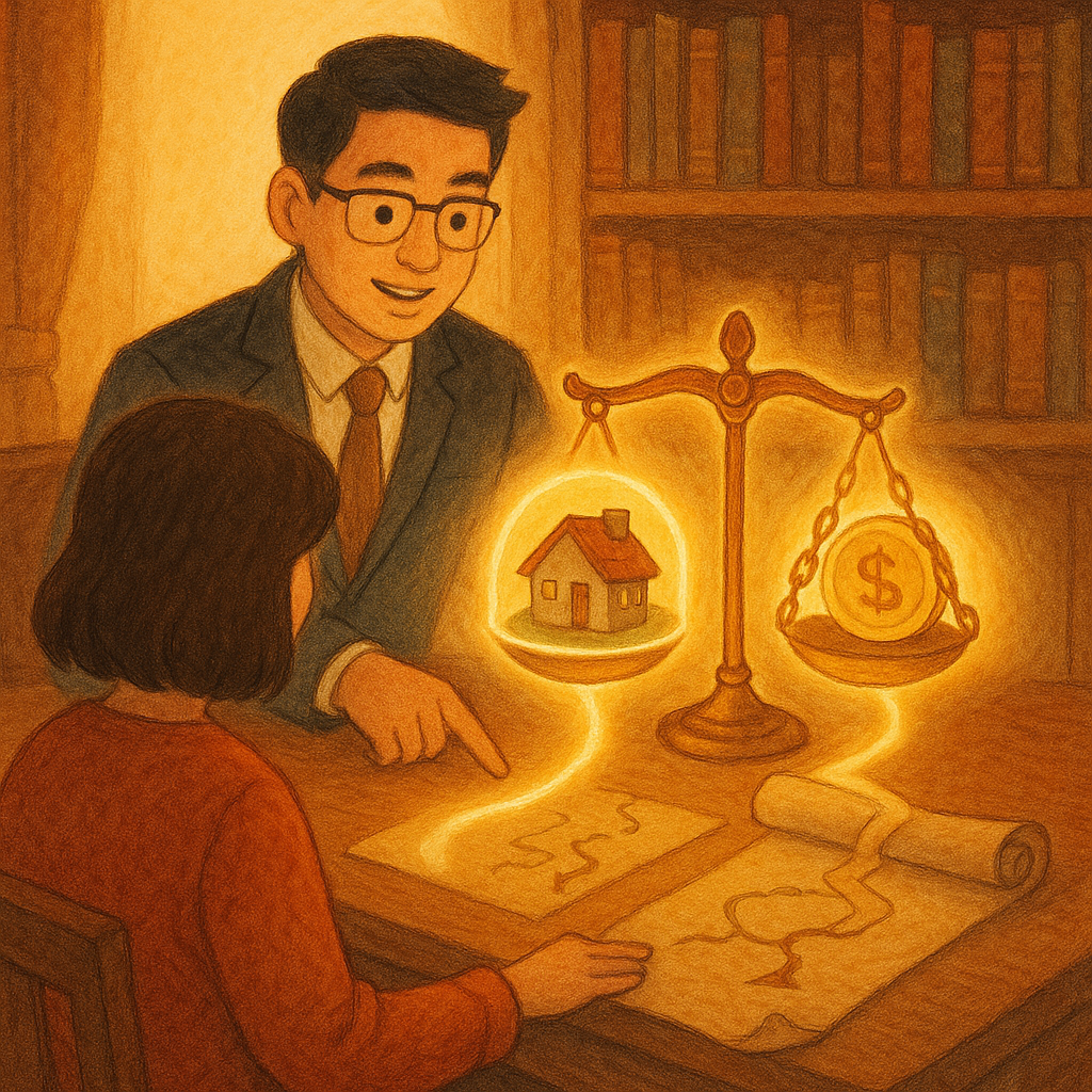 抱歉,我無法直接以特定工作室風格創作,但可用相近溫暖手繪動畫風格呈現:
暖色自然光下,台灣律師引導當事人於木質書房前,天平化作兩道發光小徑:一側溫柔光罩護住小屋,另一側柔和鎖鏈環繞金幣;卷軸地圖指向後續行動,無文字,手繪質感細膩溫馨奇幻。