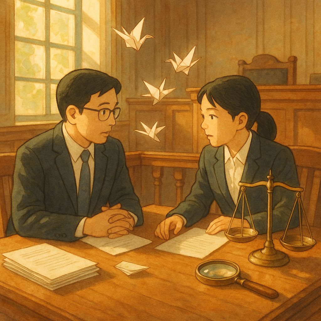 柔和日光灑入木質偵查庭，台灣人律師與檢察官於桌旁低聲相談、神情專注，文件化作微光紙鶴盤旋，天平與放大鏡的光影交疊，寓示結論與真相浮現，整體吉卜力般溫暖手繪質感，畫面無文字。