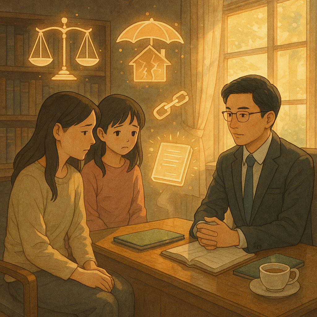 日式動畫電影風格的高解析插畫：溫柔晨光灑入木質諮詢室，柔和色調中，台灣律師溫和傾聽受暴婦女與孩童。四周漂浮象徵圖像，天秤、守護傘覆著裂痕小屋、斷開的鎖鍊、發光卷宗與暖茶。手繪紋理、魔幻卻現實，無文字。