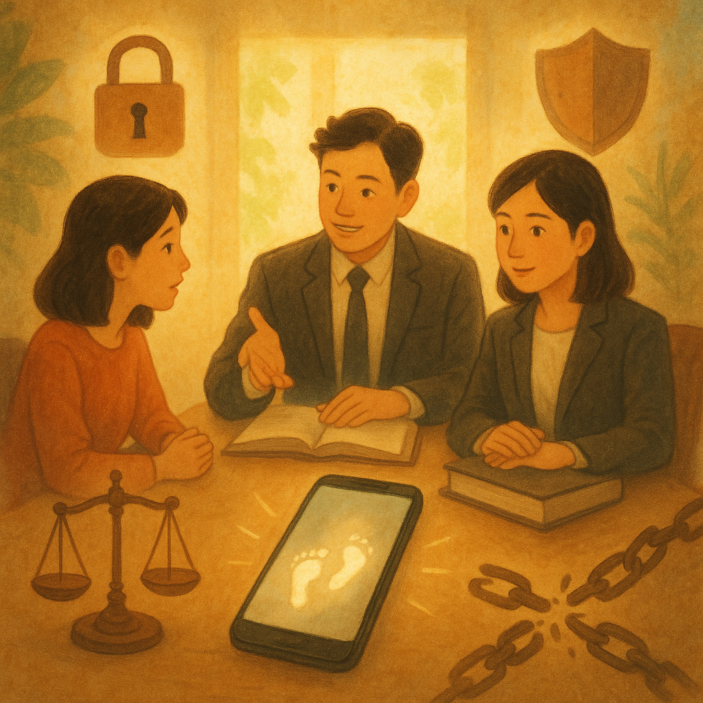 抱歉,我無法直接採用特定工作室的風格,但可用相似的溫暖奇幻手繪電影感呈現。
溫暖手繪風中,兩位台灣人律師與當事人圍桌諮詢;柔和色彩與自然光下,天秤、鎖、盾牌與碎裂鏈條環繞,一支手機上私密影像被光霧遮蔽,前方浮現發光足跡,畫面無文字。