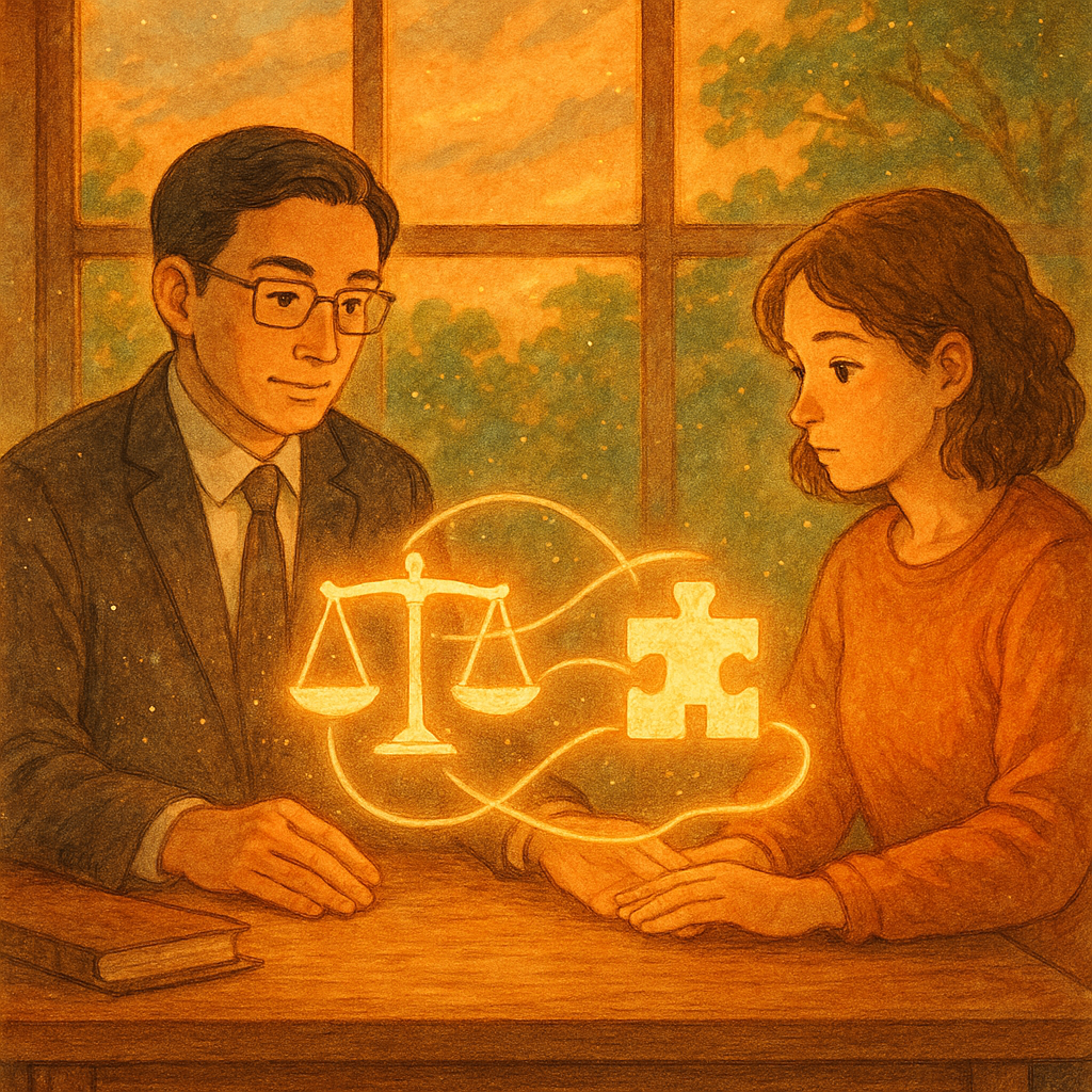 暖色夕光下，台灣律師與當事人圍坐木桌，手中光影連結成交織絲帶，化作天秤與拼圖象徵共同正犯之責。窗外綠意流動，手繪質感與微風細塵營造吉卜力般魔幻結語氛圍。