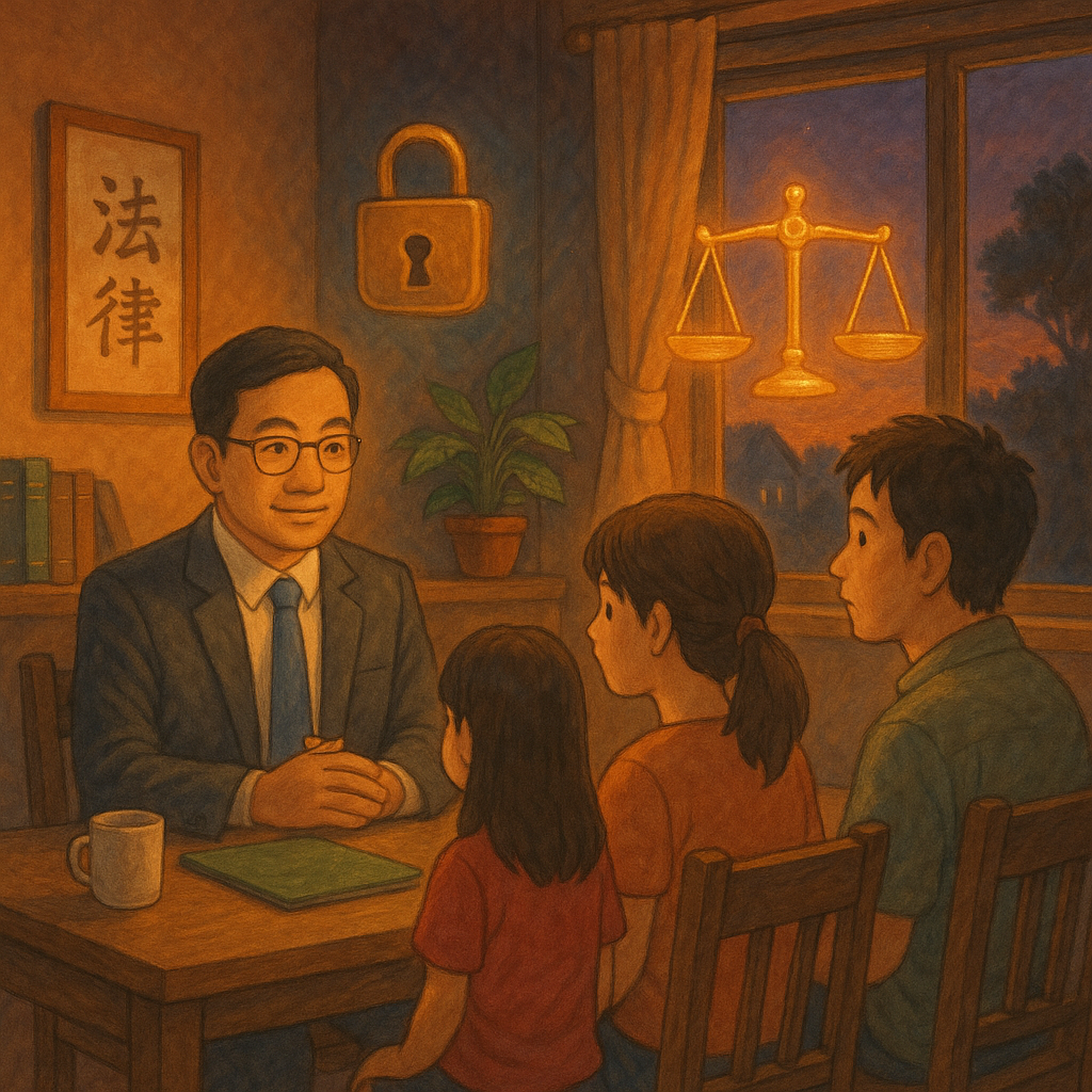 吉卜力式溫暖場景:黃昏台灣住宅內,台灣律師溫和諮詢一家三口;窗外闇影欲近,門鎖與微光天秤如守護結界漂浮,柔色手繪質感、自然光與細節營造魔幻而敘事的法務氛圍。