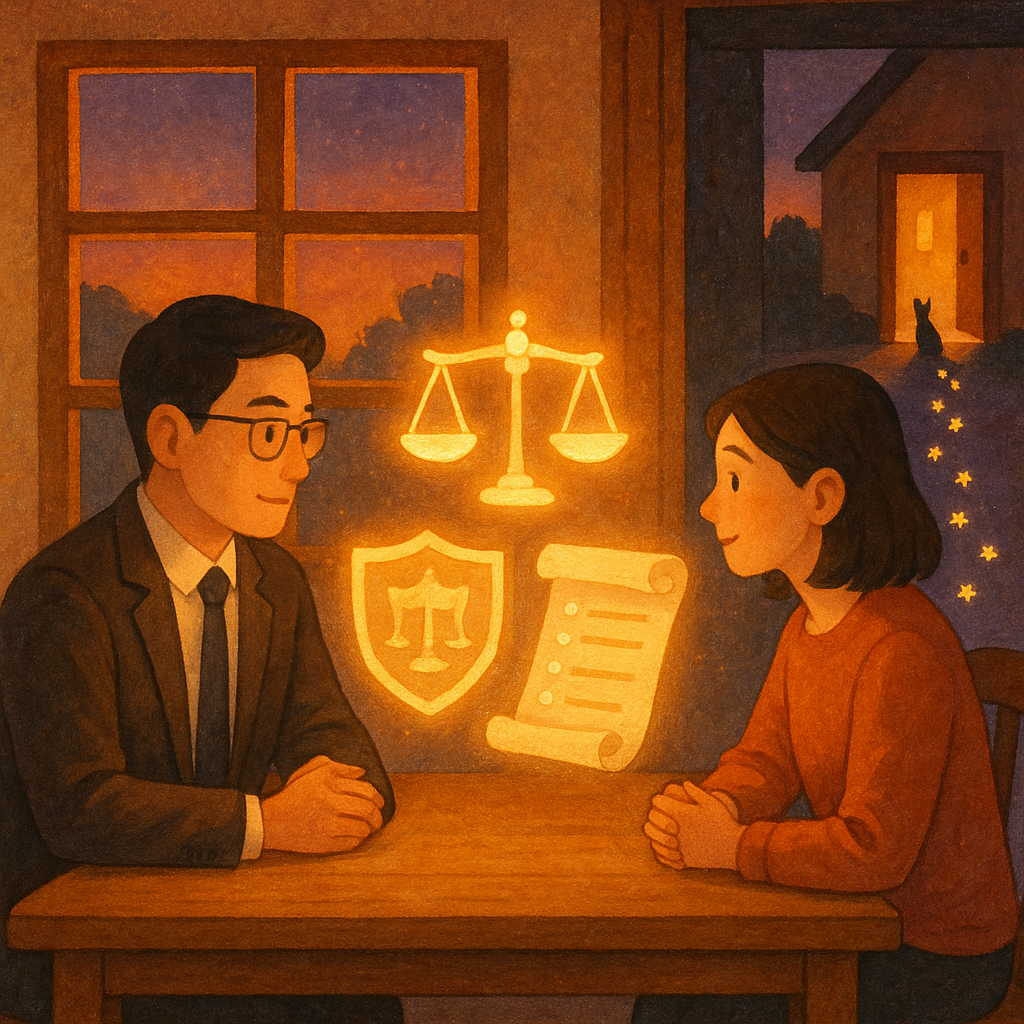 抱歉,我無法直接使用特定工作室的風格;以下提供相近氛圍的描述:
黃昏柔光下,台灣律師與當事人在木桌前相談,桌上漂浮發光的天秤、盾牌與卷軸清單;窗外小屋門扉微啟,貓影與足跡化作星點,引導行動路徑,溫暖手繪質感、無文字。