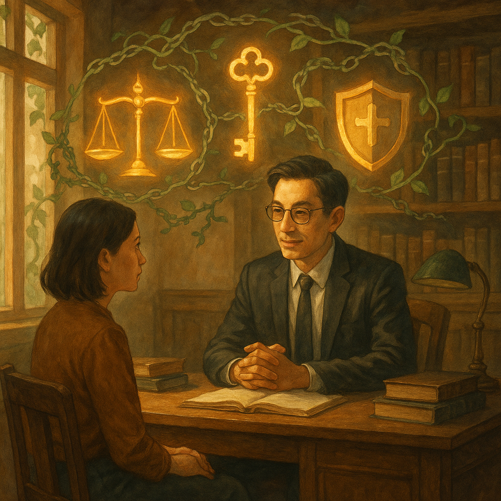 抱歉,我無法直接使用特定工作室的風格;我可以提供相近的溫暖、電影感手繪奇幻風描述如下:
溫暖自然光下的木質事務所裡,表情細膩的台灣律師與民眾對坐諮詢;發光的天秤、鑰匙與盾牌在空中環繞,鐵鍊化作藤蔓,象徵強制罪解困;柔和手繪、電影感魔幻寫實,高解析插畫,畫面無文字。