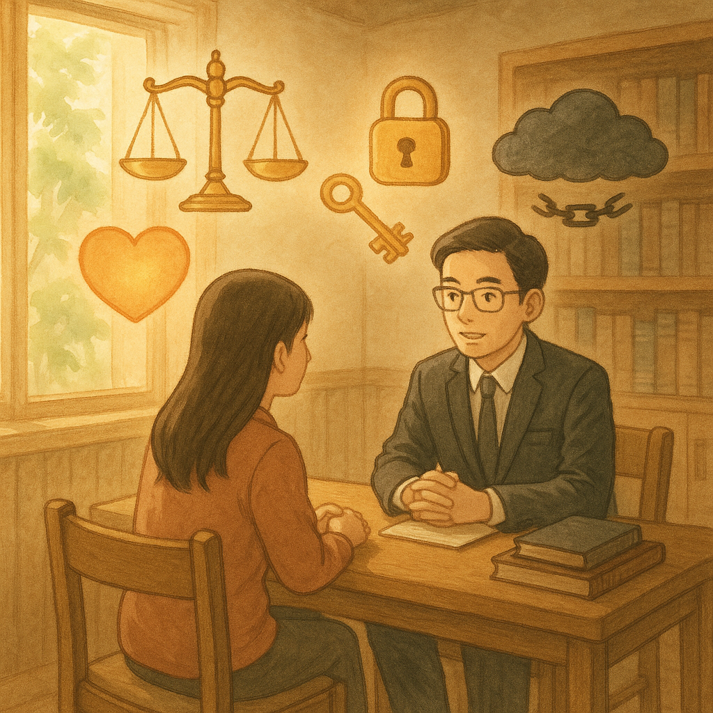 溫柔日光灑入木質諮詢室，台灣律師與當事人對坐，空中漂浮正義天秤、發光鎖與鑰匙；一側暖色心形光球象徵兩情相悅，另一側陰雲與斷鏈象徵強制行為。吉卜力風，柔色自然光手繪質感，氛圍溫暖魔幻，畫面無文字。