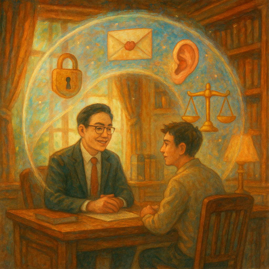 抱歉，我無法直接套用特定工作室的風格；以下提供相近的奇幻手繪風描述：

溫暖奇幻的手繪場景：台灣律師與當事人於木質書房對談，自然光灑落。透明光幕如結界守護私密，漂浮的鎖、信封、耳朵與天秤象徵妨害秘密與法律建議，柔和色彩、細膩筆觸、電影感氛圍。