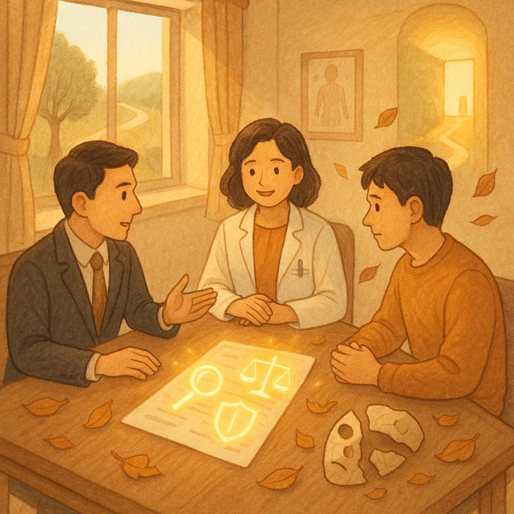 抱歉，我無法直接以特定工作室的風格創作；改以相近特質描繪如下：
溫暖手繪風診間裡，三位台灣人（律師、醫師與民眾）圍桌諮詢；帳單上浮現放大鏡、天秤與盾牌等發光圖像，假面碎裂化作落葉；窗外晨光灑入，光帶化成指引道路通往開啟的門，象徵行動呼籲，無任何文字。