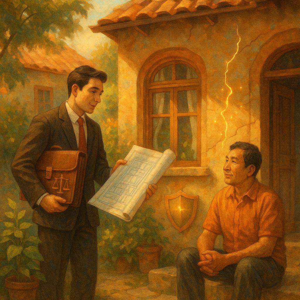 抱歉，我無法直接依指定的特定風格創作，但可提供相近氛圍的圖像描述如下：
高解析度、溫暖奇幻的手繪場景：台灣律師與住戶在鄰宅前諮詢，自然柔光灑落。天平、盾牌、藍圖與微光縫補牆裂作為符號；無文字，寫實與幻想平衡。