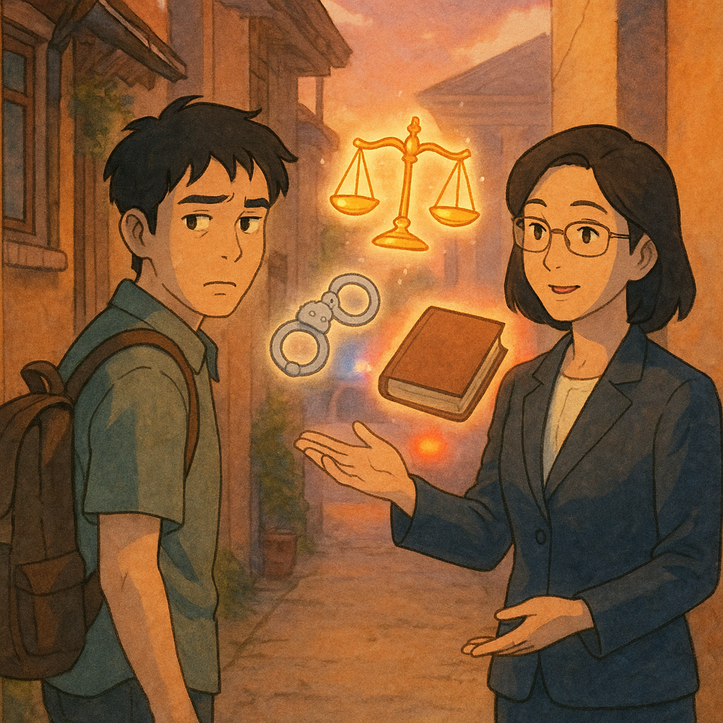黃昏小巷暖光中，一名台灣年輕男子背著包、神情複雜；台灣女律師溫和指引，空中漂浮發光的天秤、手銬與卷宗，遠處柔化警燈與法院柱影。柔色自然光、吉卜力風手繪質感，溫暖而帶魔幻。