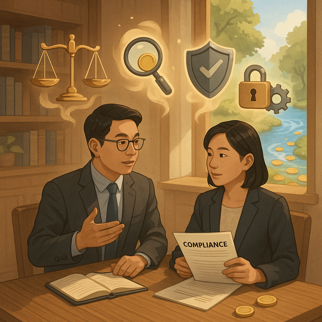 溫潤自然光下的木質事務所裡，兩位台灣專業人士討論合規方案；桌上漂浮天平、盾牌、放大鏡檢視硬幣、鎖與齒輪化作精靈，窗外清澈溪流洗淨散落的金幣，象徵反洗錢與操作要點。