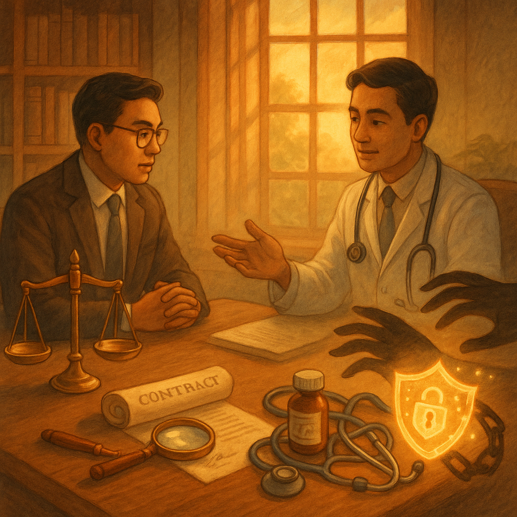 黃昏自然光灑入木質事務所，台灣律師與醫師對坐諮詢；桌上天秤、放大鏡與合約卷軸投射聚焦柔光，迷宮形聽診器纏繞假藥瓶，暗影之手伸近，被盾牌與鎖鏈光符阻擋；柔和色調、溫暖奇幻的手繪質感，畫面無文字。