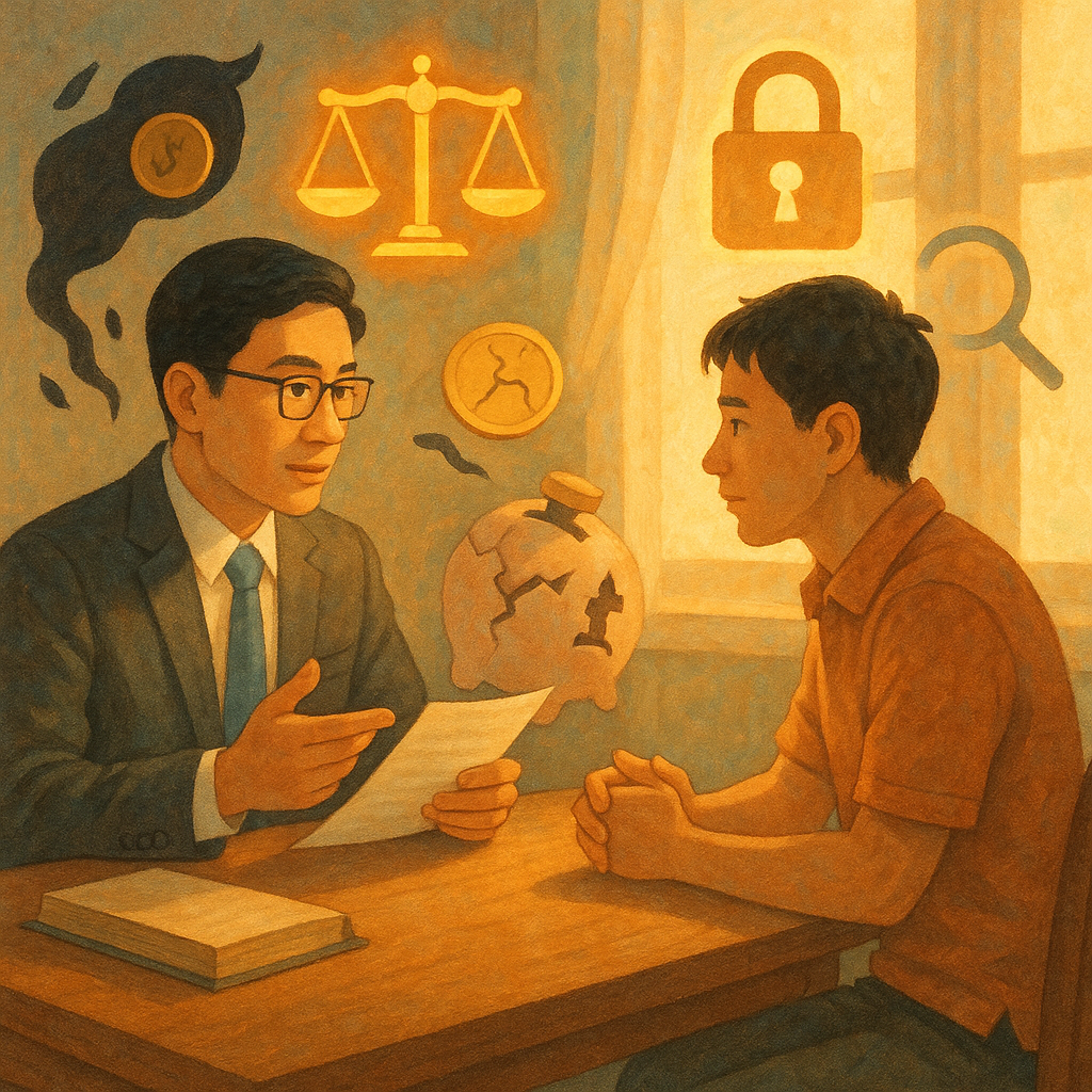 溫暖魔幻、柔和色彩的高解析手繪動畫風:台灣律師與當事人在木桌前相談,神情專注,柔光灑入。桌邊漂浮象徵侵吞的黑影硬幣、裂紋存錢筒與發光天秤、鎖形與放大鏡圖示環繞,細節豐富、無文字。