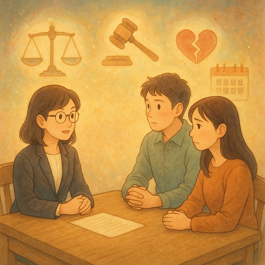 柔光下，三位台灣人—專業律師與一對夫妻—在木質諮詢桌對坐；周圍漂浮半透明圖標：天秤、法槌、文件、日曆、裂心，象徵訴訟離婚的常見疑問。吉卜力式手繪、柔色與微塵光暈，溫暖魔幻；畫面無文字。