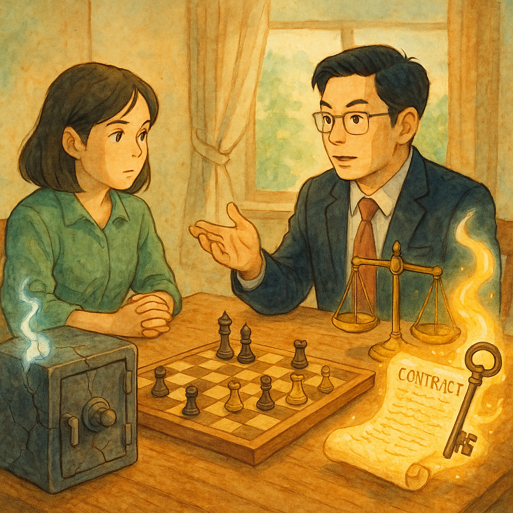 溫暖自然光與柔和色調下，台灣專業律師與當事人圍坐木桌，棋盤與天秤相映；裂紋保險箱、發光契約卷與鑰匙化作精靈環繞，吉卜力風格手繪質感呈現背信攻防與案例推演的奇幻諮詢場景，寫實與奇幻交融。