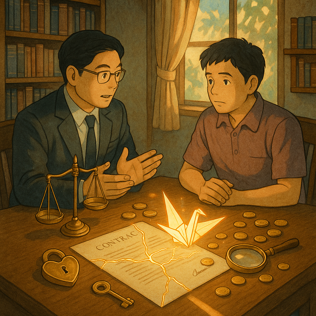 柔和光下，台灣律師與當事人在書房諮詢；桌上浮現金縷修補的裂紋契約、天平、心形鎖與放大鏡，化作發光紙鶴與散落硬幣環繞。窗外葉影如檔案翻頁，地面分岔光路象徵爭議焦點；手繪質感的吉卜力風格。