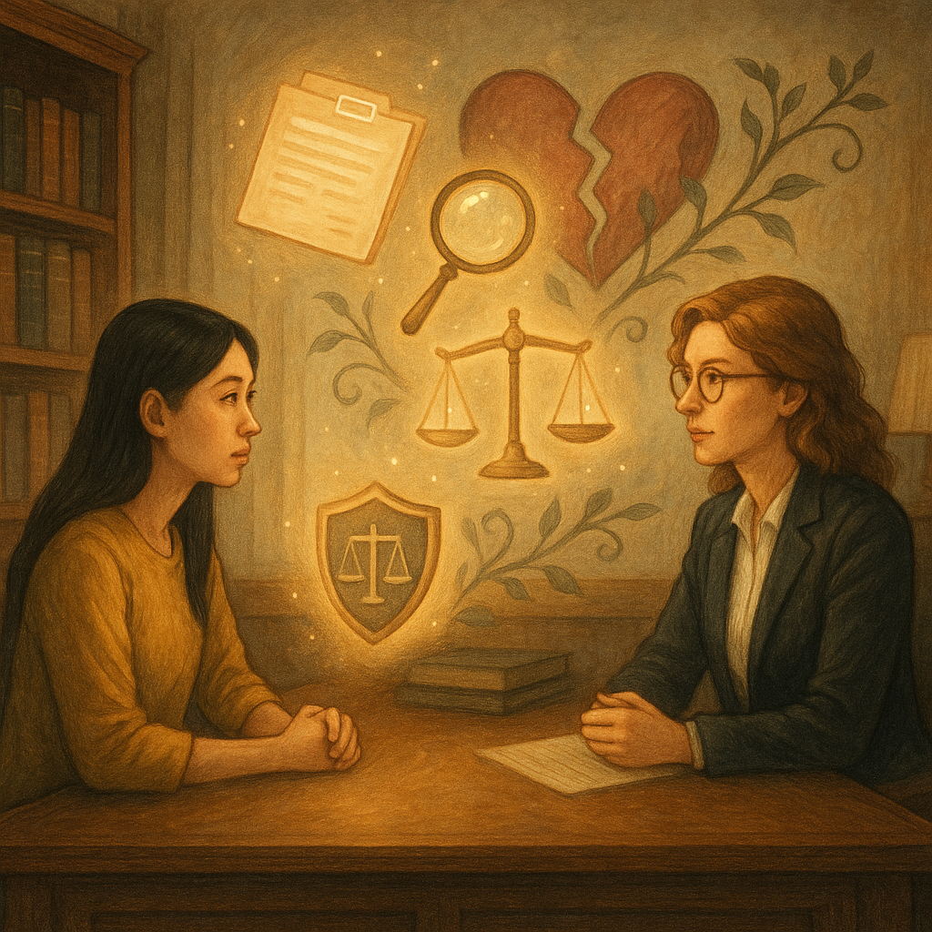 抱歉,我無法直接以該特定工作室的風格創作;以下提供相近的手繪奇幻電影感描述:
台灣女子與女律師在溫暖木質事務所對坐,柔色自然光瀉入。桌上漂浮發光的證據夾、放大鏡、天秤與盾牌,象徵可蒐、能用、會贏;背後淡影化為斷裂的心與柔蔓,寓意親密關係暴力的療癒與法援。手繪質感與電影感。