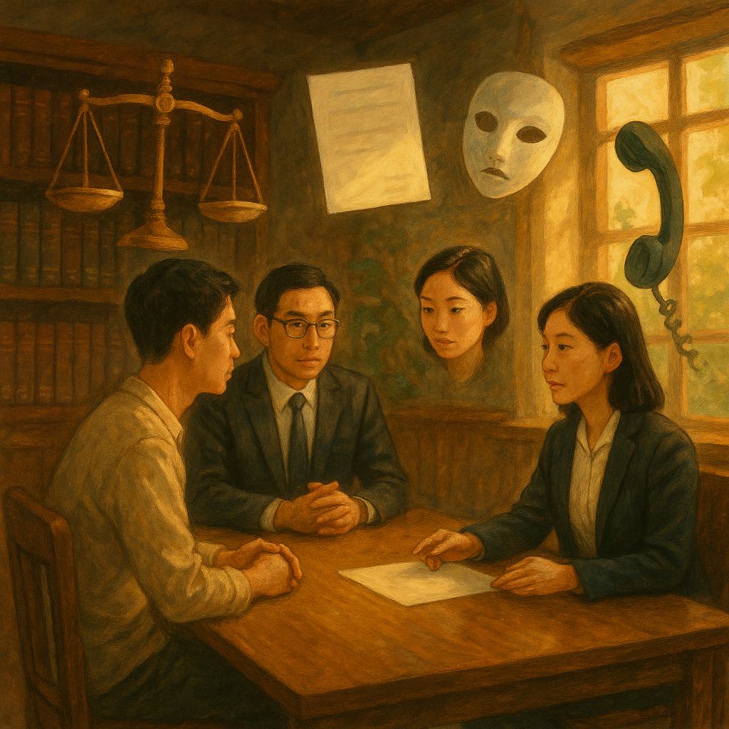 溫暖自然光下的木質律所,高解析度手繪質感,兩位台灣人律師與民眾面談,神情專注溫和;周圍漂浮天秤、空白契約、面具與電話等象徵詐欺圖像,吉卜力風、無文字、魔幻而寫實。