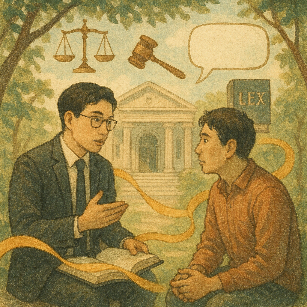 柔和自然光下,台灣律師與民眾在樹影旁諮詢,表情專注,手繪質感溫暖奇幻。身後法院若隱若現,金色絲帶連結兩人通往門口,象徵強制律師代理。天際漂浮天秤、法槌、法典與無字對話框等圖標,營造常見問題氛圍。