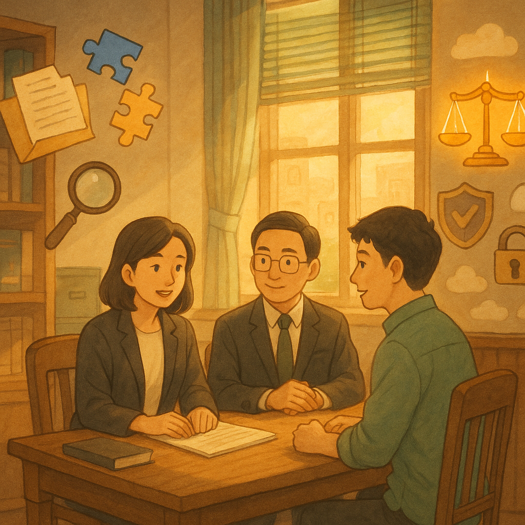 吉卜力風格溫暖場景：陽光灑入木質事務所，兩位台灣律師與一名當事人圍桌交流。畫面左右對照：左側漂浮卷宗、拼圖與放大鏡象徵案例研究；右側發光天平、盾牌、鎖與時鐘指引專業介入，五朵霧化圖標暗示常見迷思。