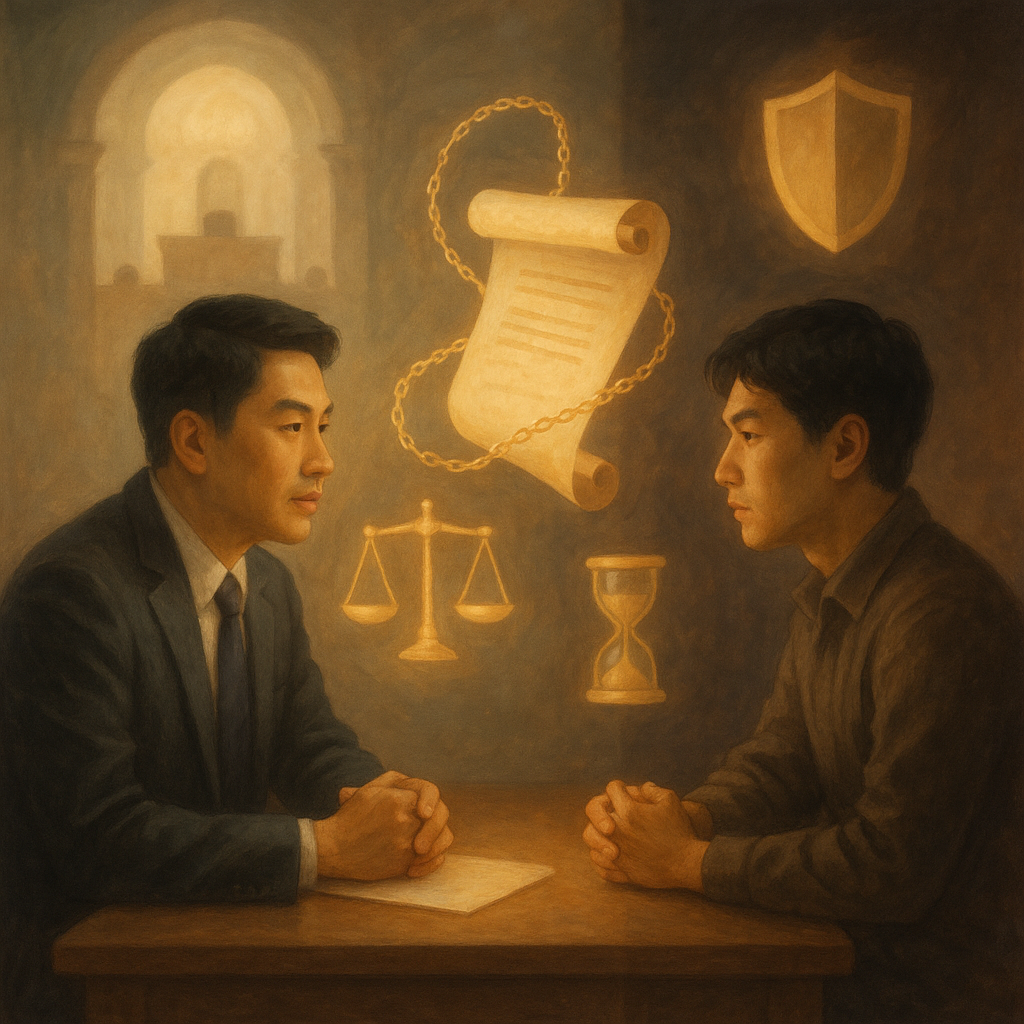 柔光手繪場景中,台灣人律師與當事人對坐諮詢,神情專注,間有金色細鏈牽引的委任卷軸漂浮,周圍漂浮天秤、盾牌與沙漏等符號,遠景隱約法庭,光影分割象徵風險與爭議,溫暖奇幻,畫面無文字。