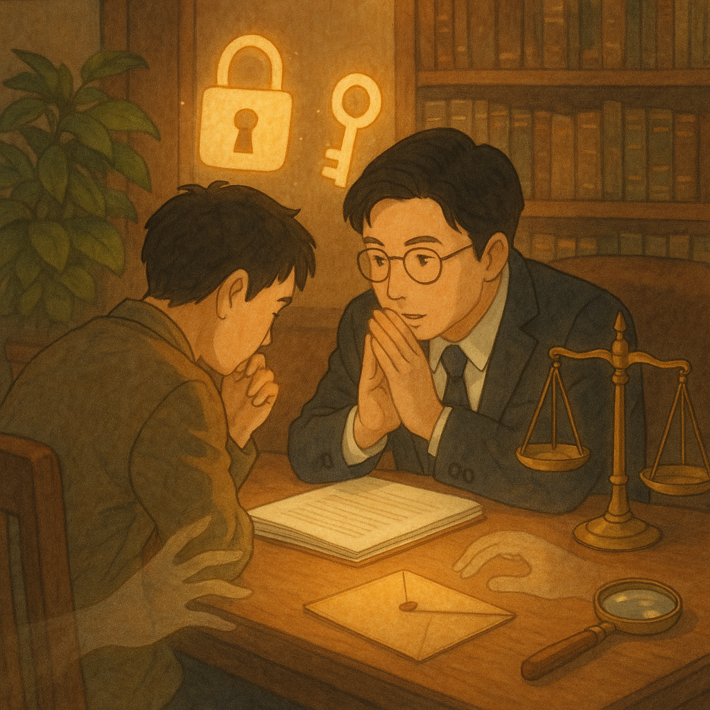 暖光木質事務所裡,台灣律師與當事人低語商談;桌上卷宗泛光,天秤與放大鏡旁漂浮鎖與鑰匙孔圖像,透明影子手伸向信封,柔和吉卜力風、手繪質感、無文字、魔幻而細膩。