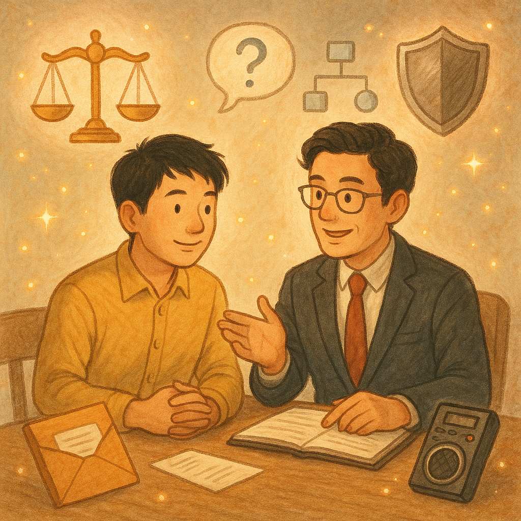 抱歉，我無法直接模仿特定工作室的風格；以下提供相近的手繪奇幻電影感描述：
溫暖自然光下，台灣求職者在律師陪同諮詢；周圍漂浮天平、盾牌、錄音器、證據信封與流程圖、問答氣泡圖示，手繪質感、柔和色彩，童趣魔法光點環繞，具電影感，無文字。