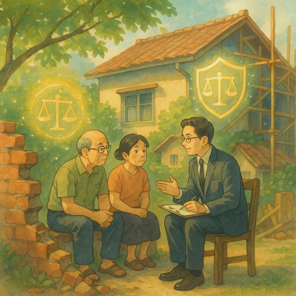 吉卜力風高畫質插畫：台灣鄰居與律師在暖陽下諮詢，天平與盾牌微光環繞，守護受損牆與工地旁的家屋，精靈微光、手繪質感、柔色自然光，無文字。