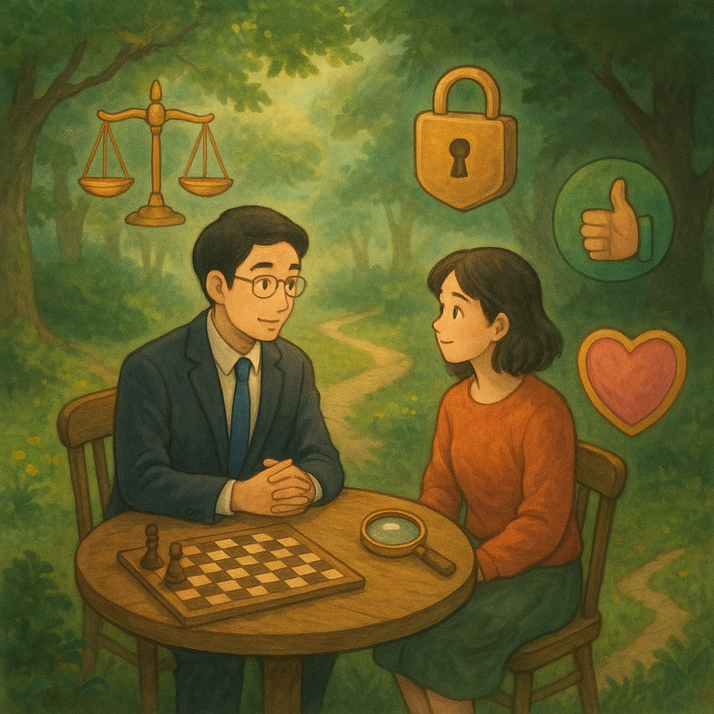 吉卜力式柔光與自然魔幻氛圍中，台灣律師與當事人溫暖對談；四周漂浮天秤、鎖、心形護盾與同意手勢，象徵性自主與界線外的陰影；兩條通往不同策略的小徑、棋盤與放大鏡暗示案例研究，高解析手繪質感、無文字。