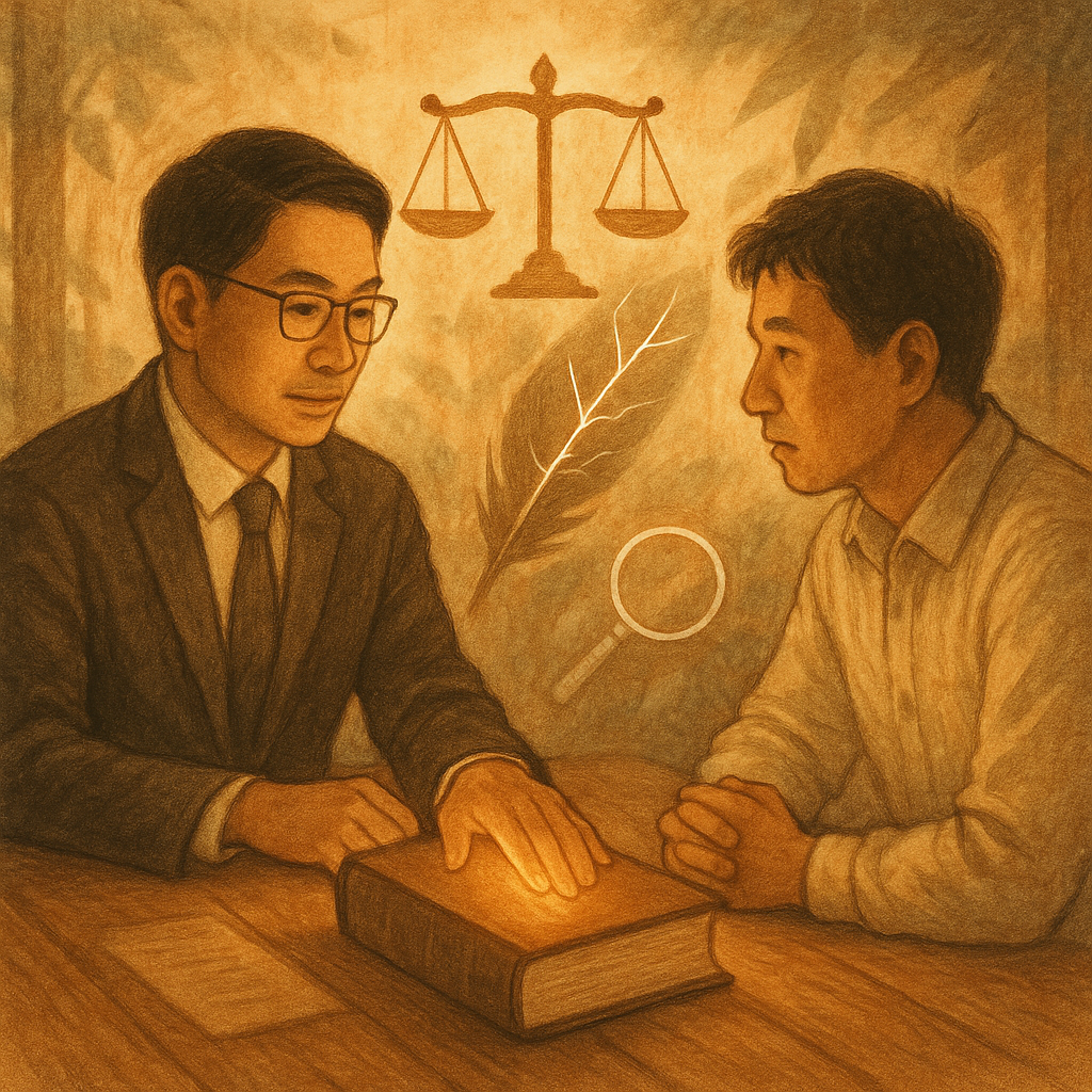 暖色自然光下，台灣人律師與當事人在木桌前低聲諮詢，手心覆於發光法典旁；天平與放大鏡漂浮成符號，羽毛筆裂痕映出真與偽的光影，庭堂如森林般溫柔流動，手繪質感、無文字。