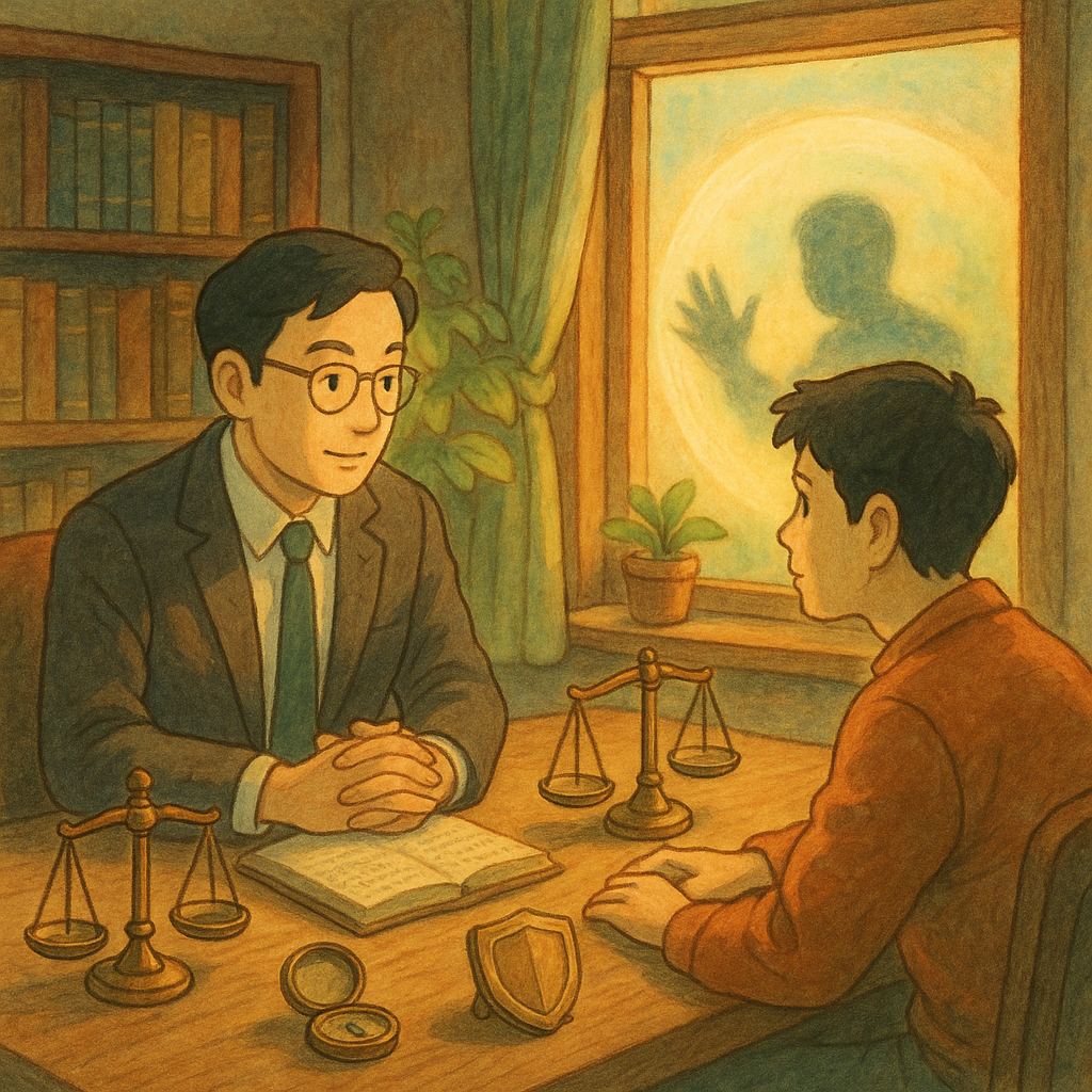 以吉卜力式柔色與自然光的溫暖魔幻氛圍，木質事務所內台灣人律師與當事人專注對談；窗外朦朧黑影手被柔光護盾阻擋，象徵未遂；桌上天秤、羅盤與盾牌小物寓意爭議與風險控管，手繪質感與高解析細節，無文字。