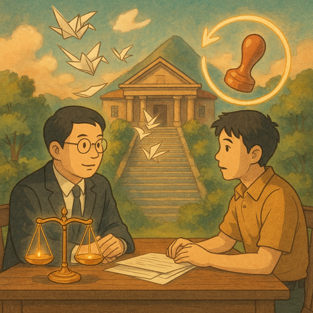 柔光下,吉卜力風格場景中,台灣律師與當事人在木桌前討論;天平微亮,卷宗化作紙鶴旋飛,沿階梯通往山形法院。發光的印章與回旋箭頭環繞,象徵抗告流程;自然色調與手繪紋理營造溫暖奇幻氛圍。