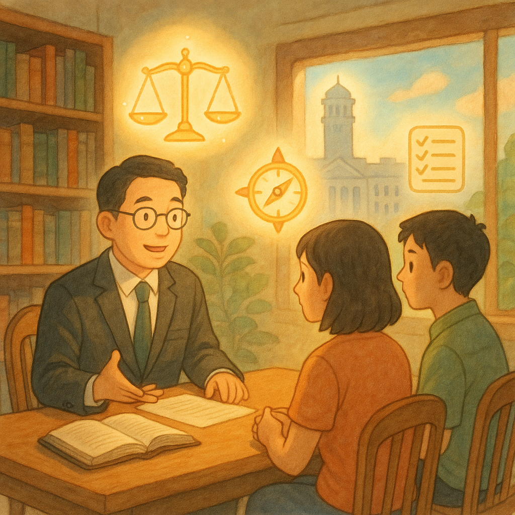 吉卜力風溫暖場景:台灣人律師與民眾於陽光書房諮詢,手繪質感與柔和色彩。發光天秤、政府大樓剪影、指引羅盤與清單圖示漂浮,引導申請國賠流程,無文字。