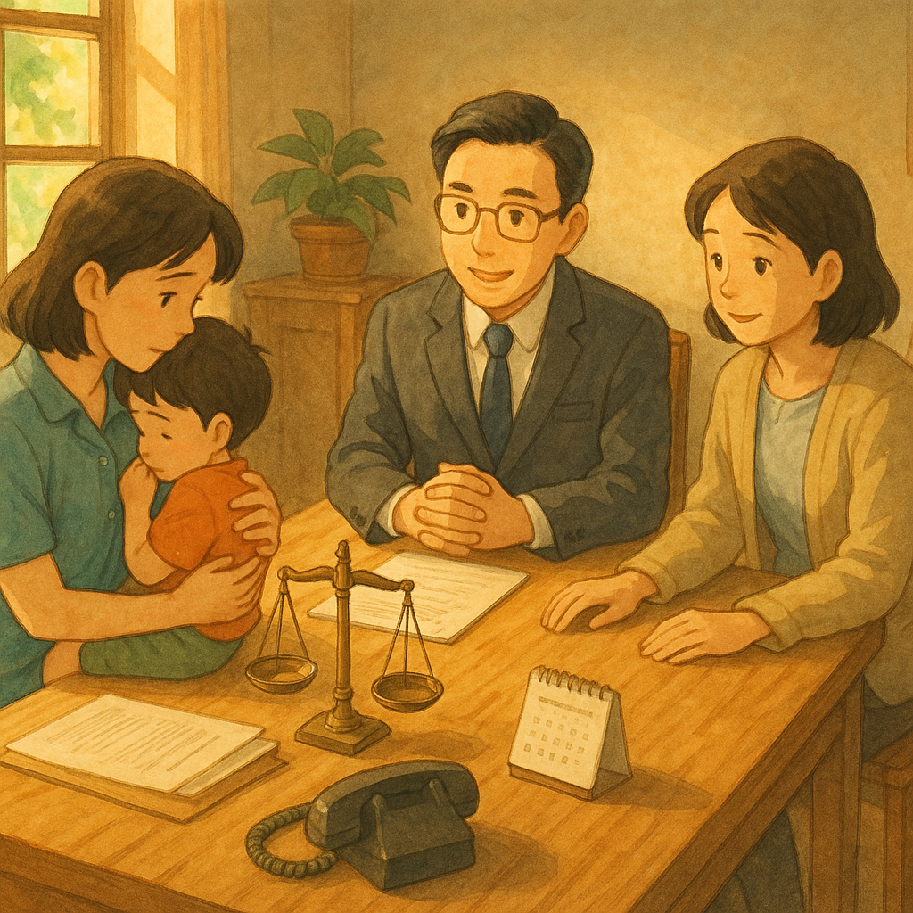 吉卜力風溫暖光影下，台灣父母與律師、社工在木桌諮詢，安撫孩童；桌上天秤、檔案、日曆與電話象徵法援與行動，角落小搖籃與泰迪熊暗示托育情境，手繪質感、無文字。