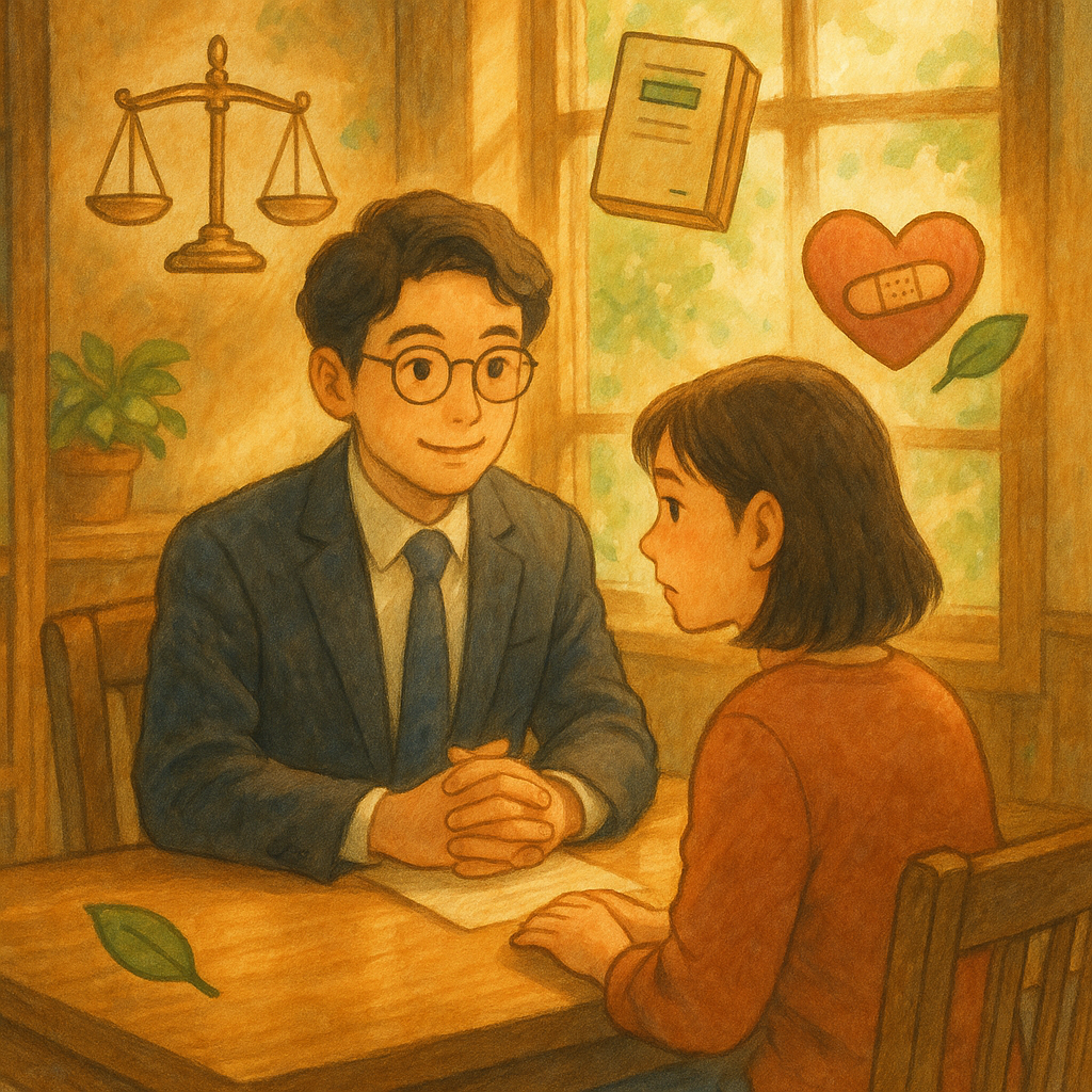 吉卜力風高解析插畫：溫柔自然光下，台灣律師與民眾於木質事務所對談，表情細膩，暖色手繪質感。周圍漂浮象徵性圖像：天平、保險檔案、被療癒的心與葉子，暗示精神賠償求償與常見問題諮詢，畫面沉浸無文字。