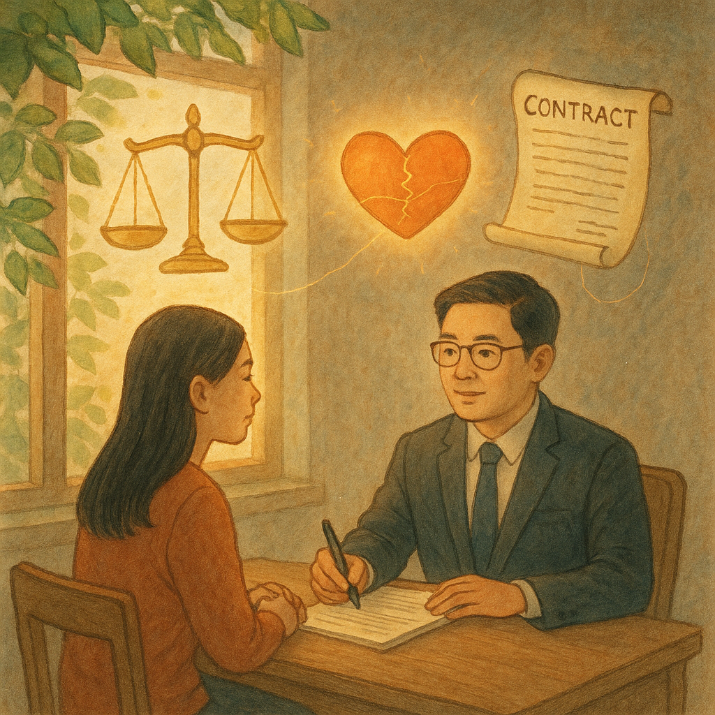 抱歉，我無法直接使用特定工作室的風格；以下為相近風格的圖片描述：

溫柔色調、自然光與手繪質感的奇幻場景：台灣人律師與當事人暖光下諮詢，窗邊綠葉微動，空中漂浮天秤、合約卷軸與發光心形，被細緻絲線修補，象徵精神賠償求償的療癒與公平。